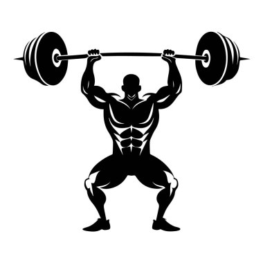 Beyaz arka planda izole edilmiş ağır bir halteri kaldıran kaslı bir vücutçunun silueti.