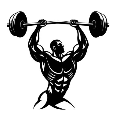 Beyaz arka planda izole edilmiş ağır bir halteri kaldıran kaslı bir vücutçunun silueti.