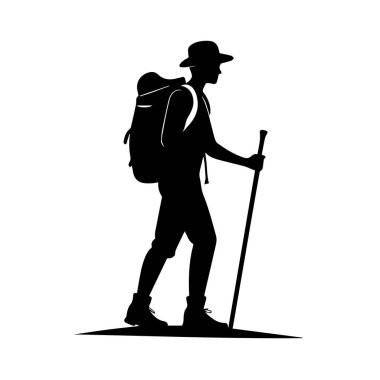 Sırt çantası ve yürüyüş direği olan bir yürüyüşçünün silueti, beyaz arka planda izole edilmiş.