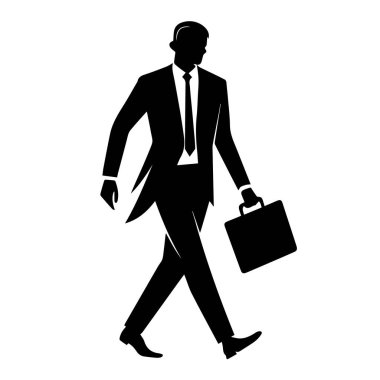 Takım elbiseli bir işadamının silueti beyaz arka planda izole edilmiş bir çantayla yürüyor.