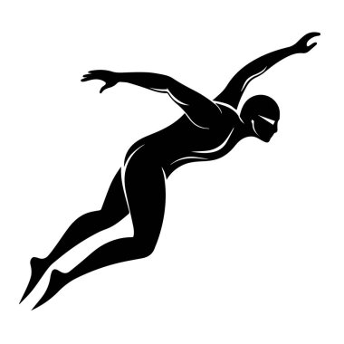 Siyah bir yüzücü silueti, beyaz arka planda izole edilmiş.