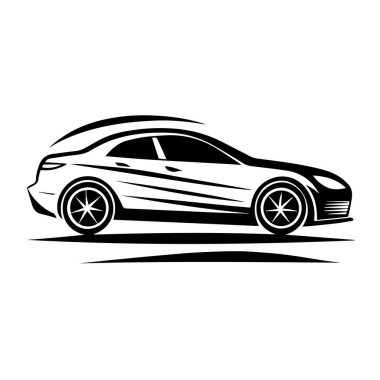 Modern lüks bir steyşın arabanın siyah silüeti, beyaz arka planda izole edilmiş.