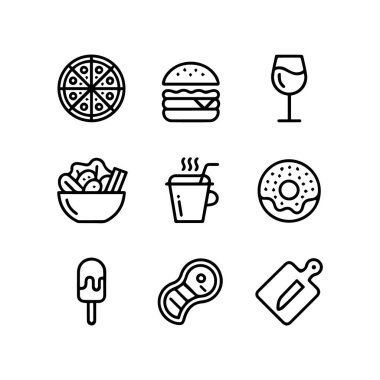Beyaz arka plan teknolojisi arka planında izole edilmiş yiyecek ve içecek öğeleri içeren dokuz basit siyah ve beyaz çizgi sanat simgesi.
