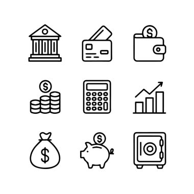 Banka, kredi kartı, cüzdan, bozuk para, hesap makinesi, grafik, para çantası, domuz kumbarası ve güvenli, beyaz arka plan teknolojisi arka planında izole edilmiş