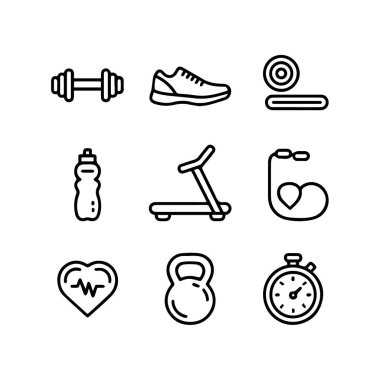 Halter, ayakkabı, koşu bandı, su şişesi, atlama ipi, kalp, kettlebell ve kronometre gibi spor simgeleri beyaz arka plan teknolojisinde izole edilmiştir.