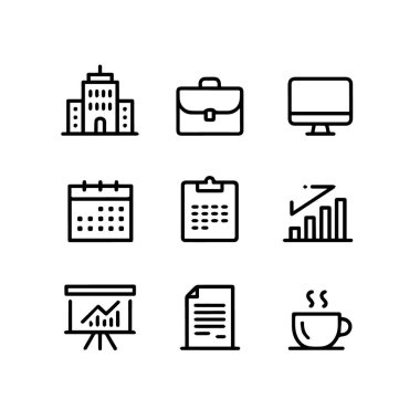 Bina, evrak çantası, bilgisayar, takvim, çizelge ve beyaz arka plan teknolojisine izole edilmiş kahve fincanı gibi iş ve ofis simgeleri koleksiyonu