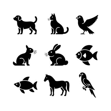 Beyaz arka planda izole edilmiş köpek, kedi ve kuş içeren siyah hayvan siluet simgeleri koleksiyonu