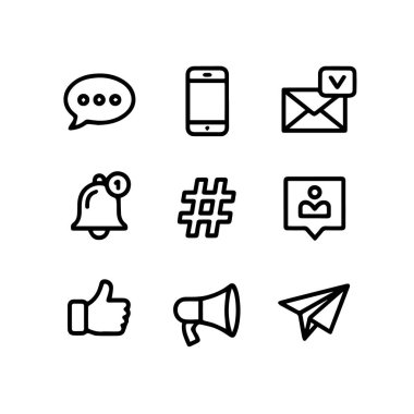 Beyaz arka plan teknolojisi arka planında izole edilmiş dokuz iletişim ve sosyal medya bağlantılı sanat simgesi seti