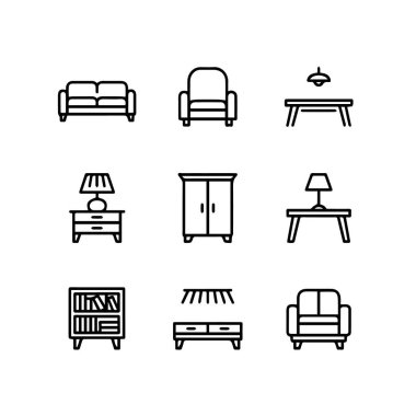 Mobilyaları ve ev dekorlarını temsil eden dokuz basit çizgi sanat simgesi koleksiyonu, beyaz arka plan teknolojisi arka planında izole edilmiş.