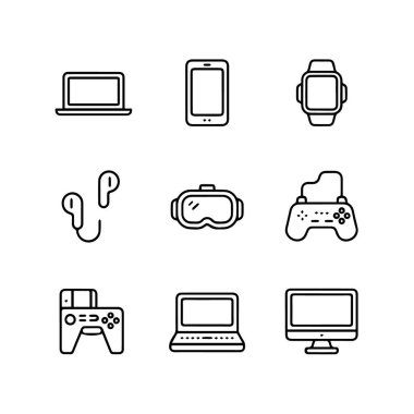 Bilgisayarlar, akıllı telefonlar, akıllı telefonlar, akıllı kulaklıklar ve oyun kontrolörleri de dahil olmak üzere teknolojiyi ve aygıtları temsil eden dokuz adet modern daire simgesi beyaz arka plan teknolojisi arka planında izole edilmiş.