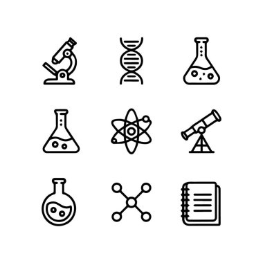 Beyaz arka plan teknolojisinde izole edilmiş mikroskop, DNA sarmalları, şişeler, atom modeli ve teleskop içeren dokuz bilim ve araştırma simgesinin basit bir çizgi sanat tarzında toplanması