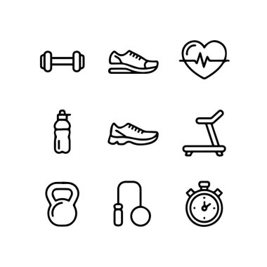 Beyaz arkaplan teknolojisi arka planında izole edilmiş, fitness ve sağlık elemanlarını temsil eden dokuz basit siyah taslak simge kümesi