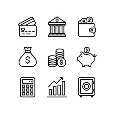 Kredi kartı, banka binası, cüzdan, para çantası, bozuk paralar, domuz kumbarası, hesap makinesi, grafik ve beyaz arka planda izole edilmiş kasa gibi finans ve bankacılık simgeleri.