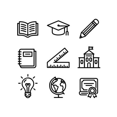 Eğitim ve öğrenmeyle ilgili dokuz siyah özet ikonu koleksiyonu, beyaz arkaplan teknolojisi arka planında izole edilmiş
