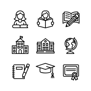 Okul ve öğrenim ikonlarının çeşitleri, bayan öğrenci, okuma kitabı, kalem, okul binası, dünya, mezuniyet şapkası, defter ve sertifika, beyaz arka plan teknolojisi arka planında izole edilmiş