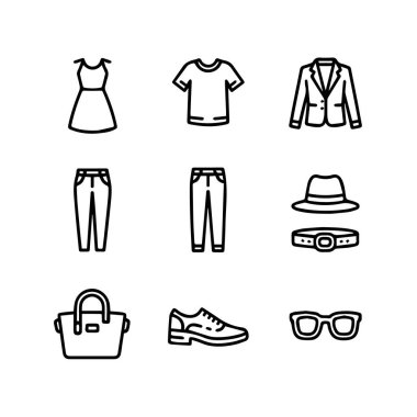 Giysi ve aksesuar simgeleri koleksiyonu, beyaz arkaplan teknolojisinde izole edilmiş.