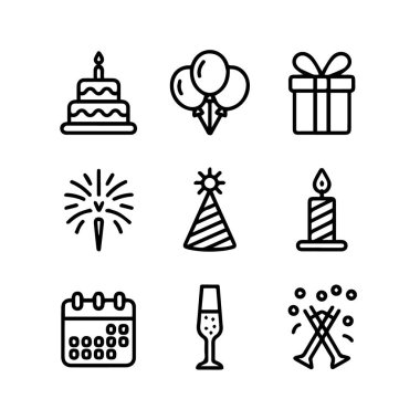 Beyaz arka planda izole edilmiş pasta, balon, hediye, havai fişek, parti şapkası, mum, takvim, şampanya ve konfeti gibi kutlama ikonları