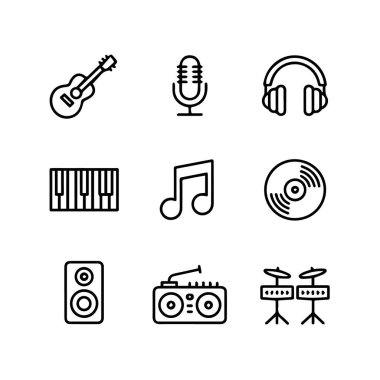 Beyaz arkaplan teknolojisi arka planında izole edilmiş, temiz çizgi çizim tarzında 9 müzik ve sesle ilgili simge kümesi