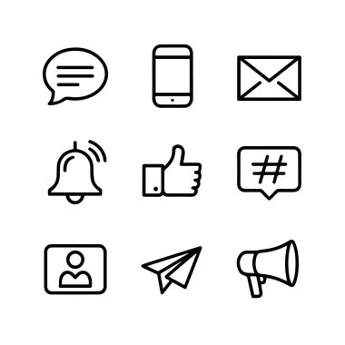 Sohbet baloncukları, telefonlar ve tebligatlar da dahil olmak üzere basit bir çizgi sanat tarzında iletişim ve sosyal medya simgeleri koleksiyonu, beyaz arka plan teknolojisi arka planında izole edildi