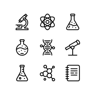 Bilim ve araştırma için siyah beyaz çizgi simgeleri seti, laboratuvar ekipmanları ve bilimsel kavramların yer aldığı, beyaz arka plan teknolojisi arka planında izole edilmiş