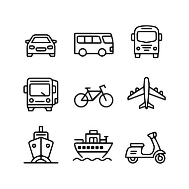 Beyaz arka planda izole edilmiş, çeşitli ulaşım şekillerini tasvir eden dokuz adet siyah çizgi sanat simgesi.