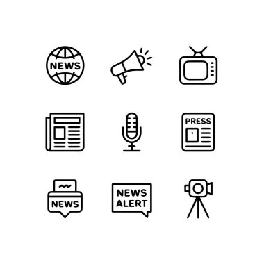 Beyaz arkaplan teknolojisi arka planında izole edilmiş, haber ve medya unsurlarını temsil eden dokuz siyah beyaz çizgi sanat simgesi koleksiyonu