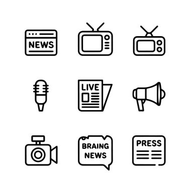 Beyaz arkaplan teknolojisi arka planında izole edilmiş, haber ve yayıncılıkla ilgili dokuz siyah beyaz çizgi resim simgesi grubu