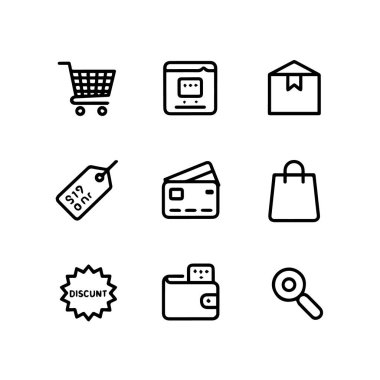Aralarında alışveriş arabası, tarayıcı penceresi, paket, fiyat etiketi, kredi kartı, alışveriş çantası, indirim etiketi, cüzdan ve beyaz arka plan teknolojisinde izole edilmiş büyüteç içeren dokuz ekommerce ve alışveriş simgesi