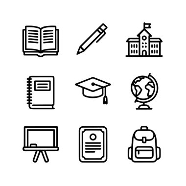 Bir kitap, kalem, okul binası, not defteri, mezuniyet şapkası, dünya, karatahta, sertifika ve beyaz arka plan teknolojisi arka planında izole edilmiş sırt çantası içeren eğitim simgeleri