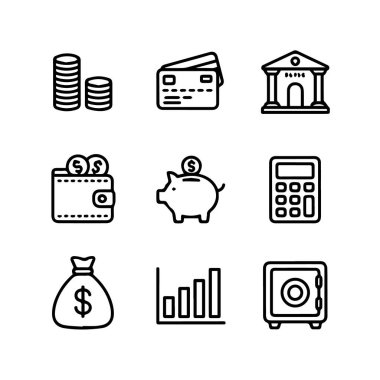 Madeni paralar, kredi kartları, banka, cüzdan, kumbara, hesap makinesi, para çantası, şema ve beyaz arka plan teknolojisi arka planında izole edilmiş kasa gibi mali ve bankacılık simgeleri