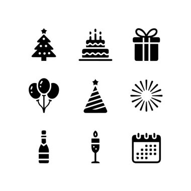 Beyaz arka planda izole edilmiş kutlama, parti ve tatil unsurlarını temsil eden dokuz siyah siluet simgesi.