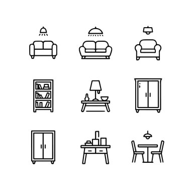 Mobilyaları ve ev dekorlarını temsil eden basit çizgi sanat simgeleri koleksiyonu, beyaz arkaplan teknolojisi arka planında izole edilmiş