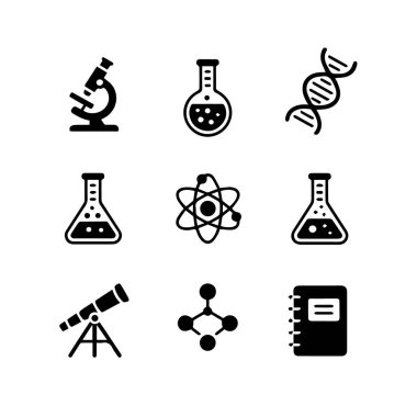 Mikroskop, beher, DNA, atom, teleskop, molekül ve dizüstü bilgisayardan oluşan dokuz siyah bilim ve teknoloji simgesi, beyaz arka plan teknolojisi arka planında izole edilmiş.