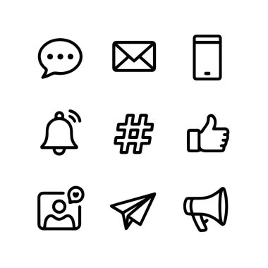 Sohbet balonu, e-posta, telefon, çan, hashtag, profil, kağıt uçak ve megafon teknolojisi geçmişi gibi beyaz arka planda izole edilmiş dokuz iletişim ve sosyal medya simgesi koleksiyonu
