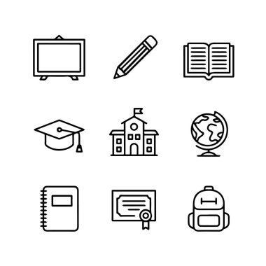 Beyaz arka planda izole edilmiş dokuz eğitim ve okul ikonu koleksiyonu, beyaz tahta, kalem, açık kitap, mezuniyet şapkası, okul binası, dünya, not defteri, diploma ve sırt çantası teknolojisi geçmişi de dahil olmak üzere.
