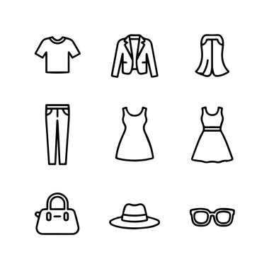 Beyaz arka plan teknoloji arka planında izole kadın modası ve giysi öğelerini temsil eden ana hatlar simgeleri kümesi