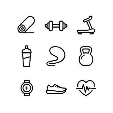 Fitness ve egzersiz ile ilgili dokuz basit çizgi simgesi, beyaz arkaplan teknolojisi arka planında izole