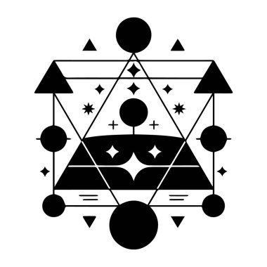 Siyah geometrik soyut sembol, üçgen daireler ve beyaz arka plan teknolojisinde izole edilmiş yıldızlar.