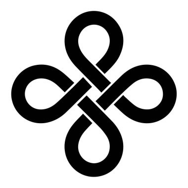 Beyaz bir zemin üzerinde izole edilmiş siyah bir Kelt düğümü sembolü, sonsuzluğu ve birbirine bağlı teknolojiyi temsil ediyor.