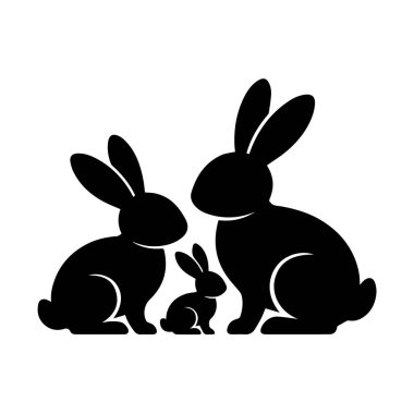 Üç siyah tavşan silueti, büyük bir yetişkin çifti ve küçük bir yavru tavşan, beyaz arka plan teknolojisinde izole edilmiş.
