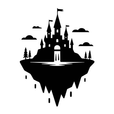 Ağaçlar ve bulutlarla çevrili şelalesi ve şelalesi olan yüzen bir ada beyaz arka plan teknolojisiyle izole edilmiş.