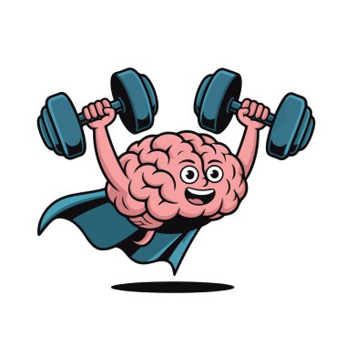 Mavi pelerinli çizgi film karakteri iki dambılı kaldırıyor, beyaz arka plan teknoloji arka planında izole edilmiş.