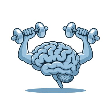 Güçlü beyin karakteri kaslı kollarıyla iki dambılı kaldırıyor, beyaz arka plan teknolojisinde izole edilmiş.