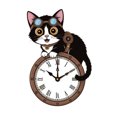 Gözlüklü Steampunk kedisi beyaz arka plan teknolojisinde izole edilmiş bir saatte oturuyor.