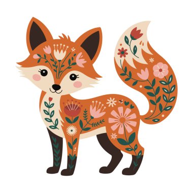 Çiçek desenli ve yapraklı şirin halk sanatı tilkisi, beyaz arka plan teknolojisinde izole edilmiş.