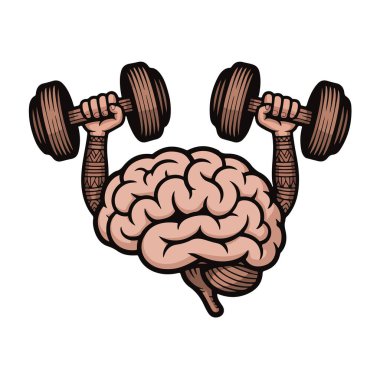 Kas yapan kolları kaldıran, beyin gücünü ve fiziksel gücünü temsil eden, beyaz arka plan teknolojisinde izole edilmiş beyin.