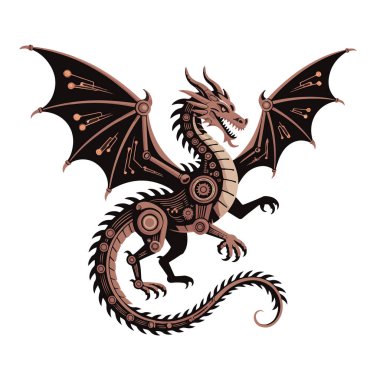 Mekanik kanatları ve vücudu olan Steampunk ejderhası, detaylı dişliler ve perçinler, beyaz arka planda izole edilmiş teknoloji arka planı