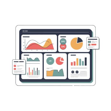 Çeşitli grafik ve grafikleri gösteren dijital gösterge paneli, veri analizini ve iş zekasını temsil eden, beyaz arka plan teknolojisi arka planında izole edilmiş