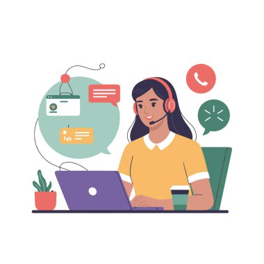 Kulaklık ve mikrofonlu bir kadın dizüstü bilgisayarda çalışıyor, müşteri desteği, beyaz arka plan teknolojisinde izole edilmiş.