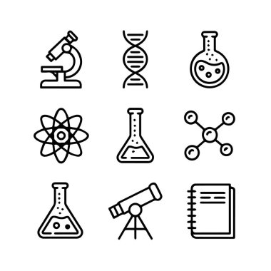 Mikroskop, DNA, matara, atom, teleskop ve beyaz arka plan teknolojisine izole edilmiş not defteri içeren bir takım bilim ve araştırma simgeleri